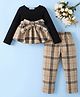 Mark & Mia Full Sleeves Top & Trouser Set With Check & Bow Applique - Tan & Black