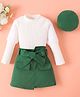 Mark & Mia Full Sleeves Solid Color Top & Skirt Set With Cap & Belt - Dark Green & White