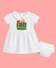 The Peppy Tend 100% Cotton Knit Navratri Theme Half Sleeves My First Navratri Text Printed Dress With Bloomer - White