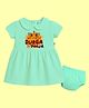 The Peppy Tend 100% Cotton Knit Durga Puja Theme Half Sleeves My First Durga Puja Text Printed Dress With Bloomer - Sea Green
