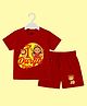 The Peppy Tend 100% Cotton Knit Durga Puja Theme Half Sleeves My 1st Durga Puja Text Printed Tee & Shorts Set - Red
