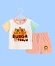 The Peppy Tend 100% Cotton Knit Durga Puja Theme Half Sleeves My First Durga Pooja Text Printed Tee & Shorts Set - Multi Colour