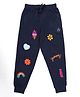 Kiddopanti Cotton Knit Yummy Text & Floral Printed Track Pants - Navy Blue