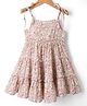 Kookie Kids Cotton Woven Sleeveless Frock With Floral Print and Tie Up Detailing - Pink & White