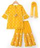 Babyhug Chanderi Woven Three Fourth Sleeves Kurta Sharara & Dupatta Set With Floral Embroidery - Yellow