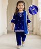 Babyhug Velvet Three Fourth Sleeves Embroidered Kurti Salwar Set with Dupatta - Royal Blue