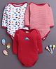 BUMZEE Cotton Knit Full Sleeves Onesies with Stripes & Dino Print Pack of 3 - Red & White