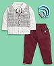 BUMZEE Cotton Knit Full Sleeves Checks & Triangle Print Formal Shirt with Attached Waistcoat & Bow & Trouser Set - Maroon & White