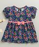 BUMZEE Cotton Knit Half Sleeves Frock With Floral Print & Bow Applique - Navy Blue