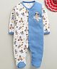BUMZEE Cotton Knit Full Sleeves Footed Sleepsuit With Animal Print - Blue & White