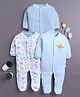 BUMZEE Cotton Knit Full Sleeves Footed Sleepsuits with Stripes & Space Print Pack of 3 - Light Blue & White