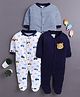 BUMZEE Cotton Knit Full Sleeves Footed Sleepsuits with Stripes & Vehicle Print Pack of 3 - White & Navy Blue
