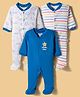 BUMZEE Cotton Knit Full Sleeves Footed Sleepsuits with Stripes & Star Print Pack of 3 - White & Blue