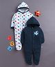 BUMZEE Cotton Knit Full Sleeves Footed & Hooded Sleepsuits with Space Print Pack of 2 - White & Navy Blue