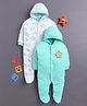 BUMZEE Cotton Knit Full Sleeves Footed & Hooded Sleepsuits with Star Print Pack of 2 - White & Aqua Blue