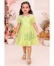 Tiny Twills Linen Woven Half Puffed Sleeves Floral Embroidered Yoke Pintucks Detailed Peter Pan Collared Frock - Green