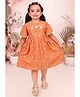 Tiny Twills Cotton Elastane  Woven Half Sleeves Yoke Floral Embroidered Lace Detailed  Dress - Orange
