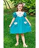 Tiny Twills Linen Woven Half Puffed Sleeves Floral Embroidered Dress - Turquoise