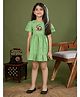 Tiny Twills Linen Woven Half Puffed Sleeves Monkey & Floral Embroidered Dress - Green