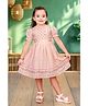 Tiny Twills Linen Woven Puffed Sleeves Lace On Yoke With Flare Embroidered Dress - Peach