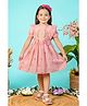 Tiny Twills Wrinkle Cotton Woven Half Frill Sleeves Floral Embroidered Bow Applique Detailed Dress - Coral Red