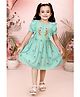 Tiny Twills Wrinkle Cotton Woven Half Frill Sleeves Floral Embroidered Bow Applique Detailed Dress - Aqua Blue