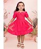 Tiny Twills Linen Woven Half Puff Sleeves Floral Embroidered Bow Applique Detailed Smocked Dress - Pink