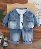 Googo Gaaga Cotton Denim Typography Printed Tee & Jeans With Full Sleeves Mild Wash Jacket Set - Blue