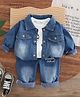 Googo Gaaga Cotton Denim Typography Printed Tee & Jeans With Full Sleeves Mild Wash Jacket Set - Blue