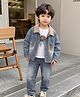 Googo Gaaga Cotton Denim Cap Printed Tee & Jeans With Full Sleeves Mild Wash Jacket Set - Blue & Grey