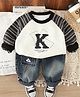 Googo Gaaga Cotton Knit Full Sleeves Placement Striped  Light Winter Sweatshirt With Jeans Set  - Cream