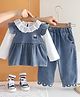 Googo Gaaga Cotton Knit Full  Frill Detailed Sleeves Floral Embroidered Light Winter Peplum Top With Jeans Set - Blue