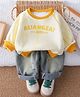 Googo Gaaga Cotton Knit Full Raglan Sleeves Typography Printed Light Winter Sweatshirt With Jeans Set - Cream