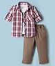 Rikidoos Full Sleeves Plaid Checked Shirt With Tee & Pant Set - Maroon & Dark Fawn