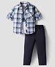 Rikidoos Full Sleeves Plaid Checked Shirt With Tee & Pant Set - Blue & Navy