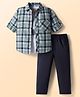 Rikidoos Full Sleeves Plaid Checked Shirt With Tee & Pant Set - Pista & Navy Blue
