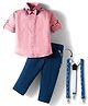 Rikidoos Full Sleeves Striped Shirt Pant With Suspender & Bow Set - Pink & Blue
