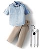 Rikidoos Full Sleeves Striped Shirt Pant With Suspender & Bow Set - Light Blue & Grey