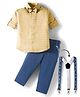 Rikidoos Full Sleeves Striped Shirt & Pant Set With Suspender & Bow - Yellow & Blue