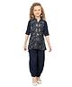 Joy-n-Jolly Woven Three Fourth Sleeves Floral Printed Kurti & Harrem Pants - Navy Blue