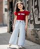 OLLINGTON ST. Cotton Frill Sleeves Top & Denim Pant Set with Text Print - Wine & Blue