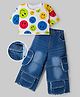OLLINGTON ST. Cotton Knit Half Sleeves Smiley Print Top & Baggy Denim Pant - White & Blue
