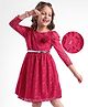 Hola Bonita Woven Three Fourth Sleeves Lace Fabric Dress & Belt with Floral Applique - Dark Pink