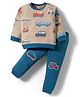 ToffyHouse Knitted Full Sleeves T-Shirt & Joggers Set with Vehicle Print - Tan & Teal Blue