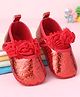 Babyoye Velcro Closure Booties with Floral Applique & Glitter Detailing - Red