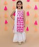 Junitos 100% Cotton Woven Sleeveless Floral Printed & Gota Lace Embellished Kurti Sharara With Dupatta Set - Pink