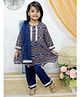 Junitos Cotton Woven Three Fourth Sleeves Floral Mandala Printed & Gota Lace Embellished Kurti Pant With Dupatta Set - Blue
