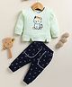Annie Kids Cotton Knit Full Sleeves Cat Printed Top & Pant Set - Light Green