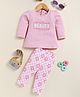 Annie Kids Cotton Knit Full Sleeves Beauty Text Patch Detailed Top & Pant Set - Pink
