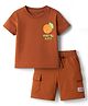 Bonfino 100% Cotton Knit Drop Shoulder Oversized Half Sleeves T-Shirt With Print in Front & Back & Cargo Shorts Set - Brown